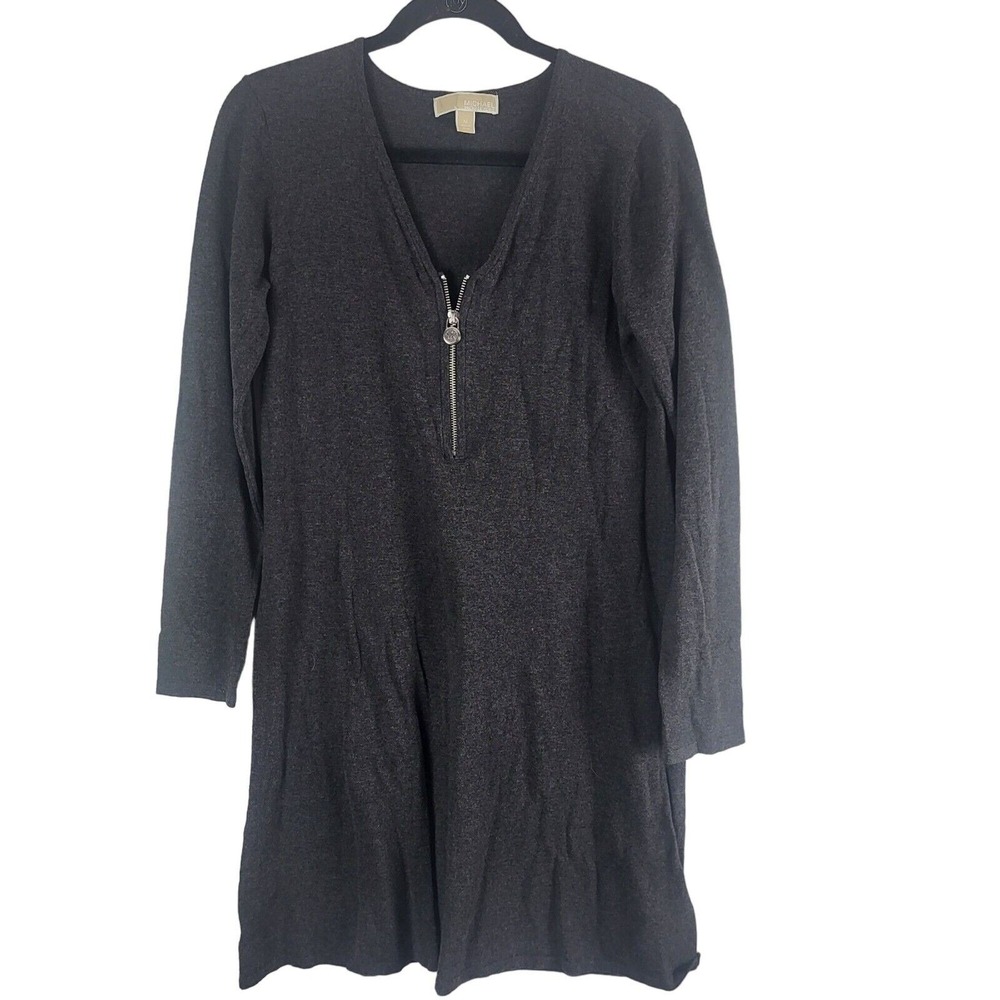 Michael Michael Kors Sweater Dress M Womens Grey Long Sleeve Popover Midi Zip